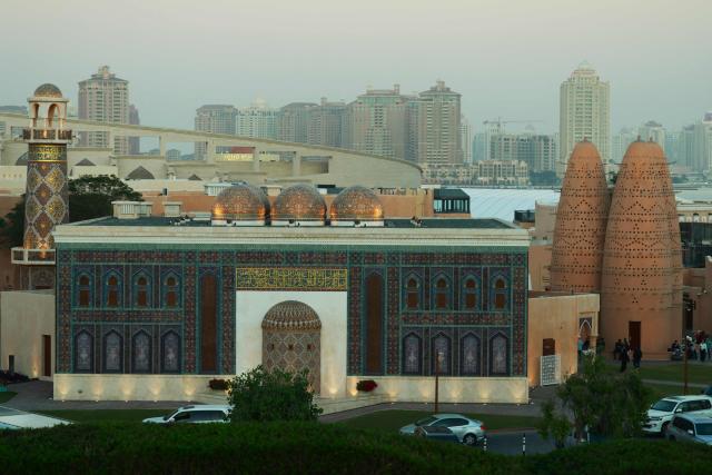 This picture shows the Katara Mosque, also known as "Qatar's Turquoise Mosque, designed by Turkish architect Zainab Fadil Oglu, in Katara Cultural Village on January 3, 2026. (Photo by Karim JAAFAR / AFP)