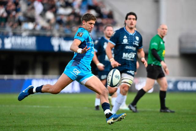 Montpellier’s Argentine fly-half Domingo Miotti kicks the ball during the French Top14 rugby union match between Montpellier Herault Rugby and Aviron Bayonnais (Bayonne) at Septeo Stadium in Montpellier, southern France on January 3, 2026. (Photo by Sylvain THOMAS / AFP)