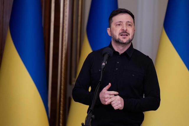 Ukraine's President Volodymyr Zelensky speaks during a meeting of national security advisors of European countries in Kyiv on January 3, 2026, amid the Russian invasion of Ukraine. Security advisers from Ukraine's top allies met in Kyiv for talks on a US-brokered plan to end the war with Russia, days after Kyiv announced a deal was "90 percent" ready. Officials from 15 countries including Britain, France and Germany as well as representatives from NATO and the European Union joined the meeting, the first of several planned for the new year. (Photo by Tetiana DZHAFAROVA / AFP)