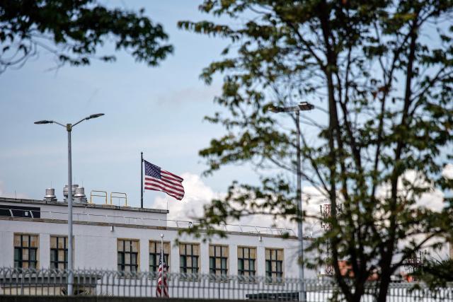 Picture of the US embassy in Bogota on January 3, 2026, taken during a demonstration against the US operation in Venezuela that resulted in the capture of President Nicolas Maduro. The US military operation that led to the capture of Madruo sparked alarm across the international community, with allies and foes of Washington and Caracas expressing disquiet. (Photo by Sergio Yate / AFP)