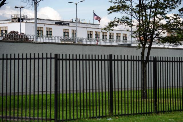 Picture of the US embassy in Bogota on January 3, 2026, taken during a demonstration against the US operation in Venezuela that resulted in the capture of President Nicolas Maduro. The US military operation that led to the capture of Madruo sparked alarm across the international community, with allies and foes of Washington and Caracas expressing disquiet. (Photo by Sergio Yate / AFP)