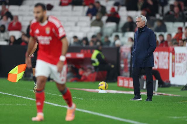 SL Benfica's Portuguese head coach #00 Jose Mourinho is pictured during the Portuguese League football match between SL Benfica and GD Estoril Praia at Estadio da Luz in Lisbon on January 3, 2026. (Photo by PATRICIA DE MELO MOREIRA / AFP)