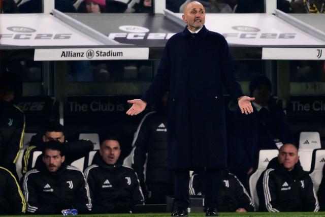 Juventus' Italian coach Luciano Spalletti reacts in the techinal area during the Italian Serie A football match between Juventus and Lecce at the Allianz Stadium in Turin on January 3, 2026. (Photo by MARCO BERTORELLO / AFP)