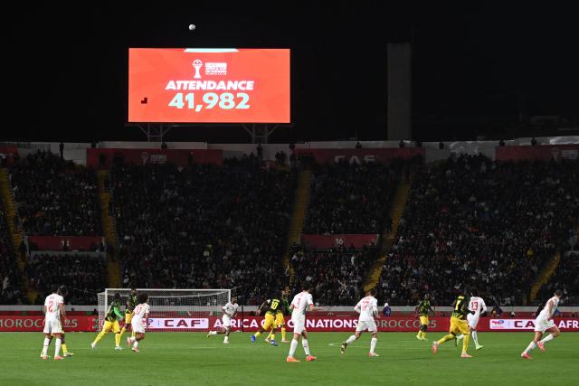A screen displaying the attendance is pictured during the Africa Cup of Nations (CAN) round of 16 football match between Mali and Tunisia at Mohammed V Stadium in Casablanca on January 3, 2026. (Photo by Paul ELLIS / AFP)