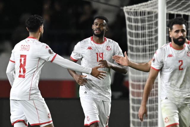 Tunisia's forward #19 Firas Chaouat (C) celebrates scoring his team's first goal during the Africa Cup of Nations (CAN) round of 16 football match between Mali and Tunisia at Mohammed V Stadium in Casablanca on January 3, 2026. (Photo by Paul ELLIS / AFP)