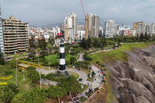 This aerial view shows the park "El Faro" in Miraflores, Lima, on January 3, 2026. (Photo by Connie FRANCE / AFP)