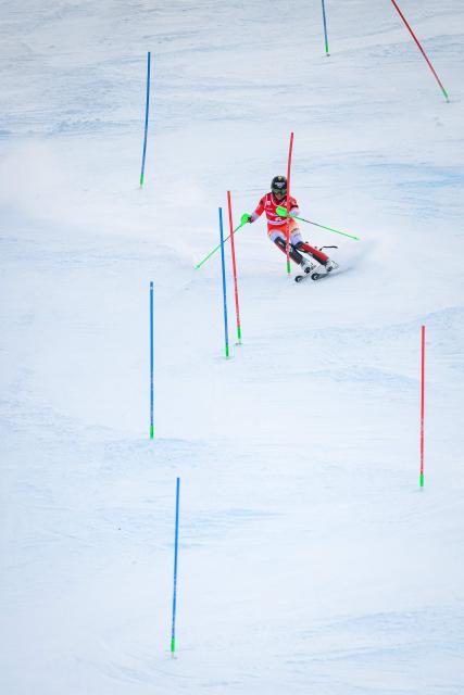 Switzerland's Camille Rast competes in the second run of the Women's Slalom, as part of the FIS Alpine Ski World Cup 2025-2026, in Kranjska Gora, Slovenia, on January 4, 2026. (Photo by Jure Makovec / AFP)