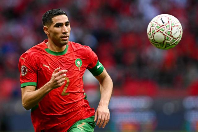 Morocco's defender #02 Achraf Hakimi controls the ball during the Africa Cup of Nations (CAN) round of 16 football match between Morocco and Tanzania at Prince Moulay Abdallah Stadium in Rabat on January 4, 2026. (Photo by Gabriel BOUYS / AFP)