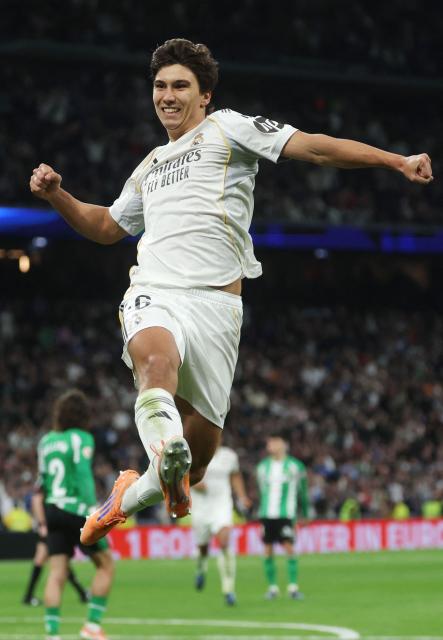 Real Madrid's Spanish forward #16 Gonzalo Garcia celebrates scoring his second goal during the Spanish League football match between Real Madrid CF and Real Betis at Santiago Bernabeu Stadium in Madrid on January 4, 2026. (Photo by Pierre-Philippe MARCOU / AFP)