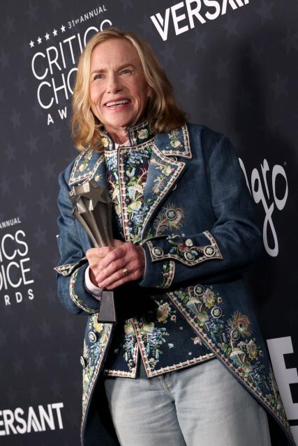 US actress Amy Madigan poses in the press room with her Best Supporting Actress award for "Weapons" during the 31st Annual Critics Choice Awards at Barker Hangar in Santa Monica, California, on January 4, 2026. (Photo by Michael Tran / AFP)