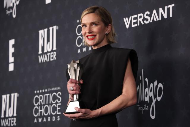 US actress Rhea Seehorn poses in the press room with the Best Actress in a Drama Series award for "Pluribus" during the 31st Annual Critics Choice Awards at Barker Hangar in Santa Monica, California, on January 4, 2026. (Photo by Michael Tran / AFP)