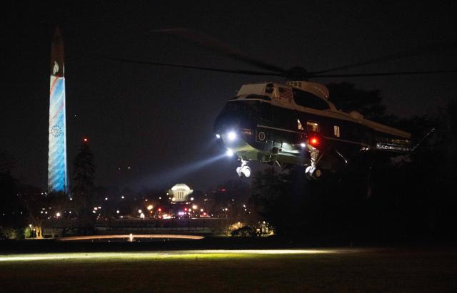 Marine One, with US President Donald Trump on board, lands on the South Lawn of the White House in Washington, DC, on January 4, 2026. President Trump returned to the White House after spending the holidays at his Mar-a-Lago residence in Palm Beach, Florida. (Photo by ANDREW CABALLERO-REYNOLDS / AFP)