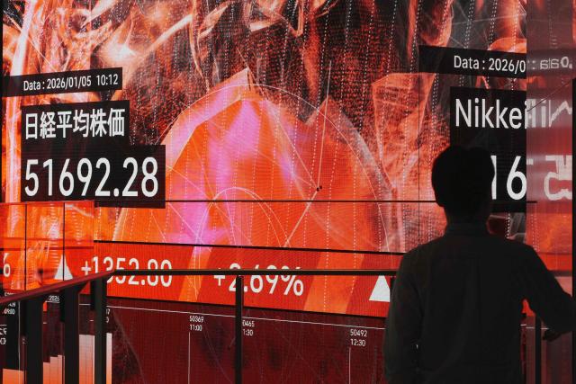 An electronic quotation board displays numbers of the Nikkei Stock Average on the Tokyo Stock Exchange in Tokyo on January 5, 2026. (Photo by Kazuhiro NOGI / AFP)