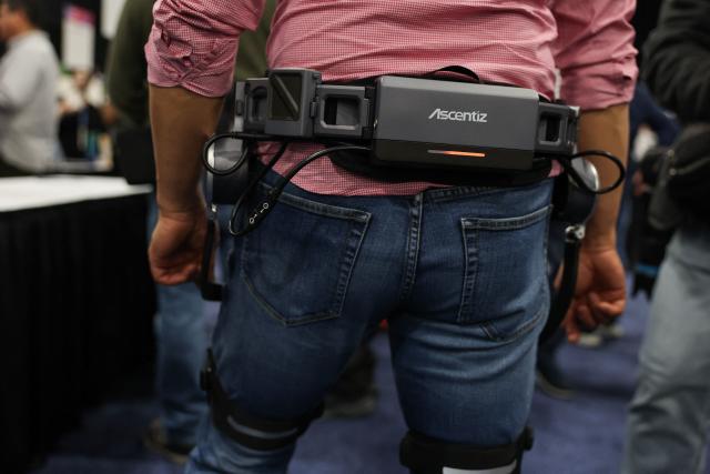 The Ascentiz modular exoskeleton belt is demonstrated during CES Unveiled ahead of the Consumer Electronics Show (CES) in Las Vegas, Nevada on January 4, 2026. (Photo by Patrick T. Fallon / AFP)