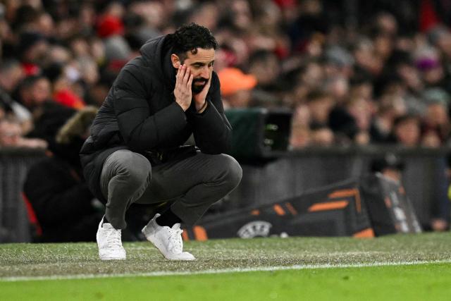 (FILES) Manchester United's Portuguese head coach Ruben Amorim reacts during the UEFA Europa league football match between Manchester United and Glasgow Rangers at Old Trafford stadium in Manchester, north west England, on January 23, 2025. Ruben Amorim has been sacked as Manchester United manager 14 months after arriving at Old Trafford, the club announced on January 5, 2025. (Photo by Oli SCARFF / AFP)