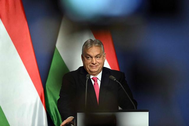 Hungary's Prime Minister Viktor Orban addresses his annual press conference in the Carmelita Monastery, seat of the Hungarian premier, in Budapest, Hungary, on January 5, 2026. (Photo by Attila KISBENEDEK / AFP)