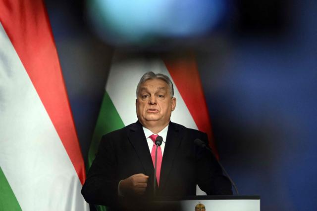 Hungary's Prime Minister Viktor Orban addresses his annual press conference in the Carmelita Monastery, seat of the Hungarian premier, in Budapest, Hungary, on January 5, 2026. (Photo by Attila KISBENEDEK / AFP)