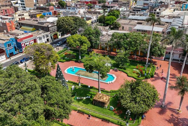 Aerial view of Plaza de Armas de Barranco in Lima on January 4, 2026. (Photo by Connie FRANCE / AFP)