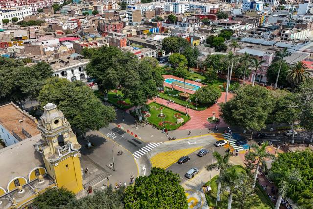 Aerial view of Plaza de Armas de Barranco in Lima on January 4, 2026. (Photo by Connie FRANCE / AFP)