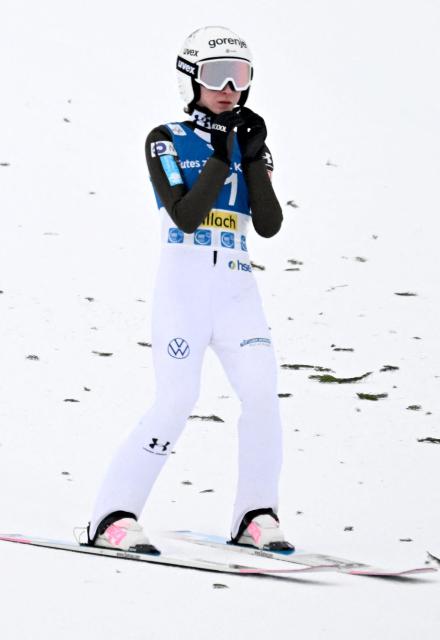 Winner Slovenia's Nika Prevc competes in the normal hill HS98 event of the women's FIS Ski Jumping World Cup in Villach, Austria on January 5, 2026. (Photo by BARBARA GINDL / APA / AFP) / Austria OUT