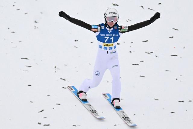 Winner Slovenia's Nika Prevc competes in the normal hill HS98 event of the women's FIS Ski Jumping World Cup in Villach, Austria on January 5, 2026. (Photo by BARBARA GINDL / APA / AFP) / Austria OUT