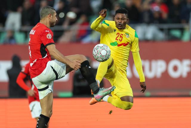 Benin's forward #25 Olatoundji Tessilimi jumps for the ball during the Africa Cup of Nations (CAN) round of 16 football match between Egypt and Benin at the Grand Stadium in Agadir on January 5, 2026. (Photo by FRANCK FIFE / AFP)