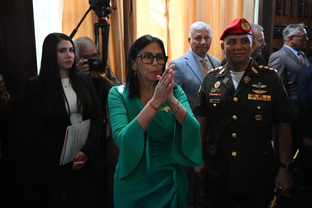 Venezuela's vice-President Delcy Rodriguez gestures during a session of the National Assembly in Caracas on January 5, 2026. Venezuela's new parliament opened on January 5 with lawmakers chanting "Let's go Nico!" as they forcibly denounced the recent capture of leftist leader Nicolas Maduro in a US military operation on January 3. (Photo by Federico PARRA / AFP)