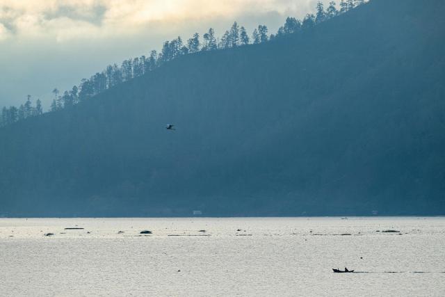 A man paddles a wooden canoe fish at Laut Tawar lake in Takengon, Indonesia's Aceh province on January 6, 2025. (Photo by CHAIDEER MAHYUDDIN / AFP/Chaideer MAHYUDDIN / AFP)