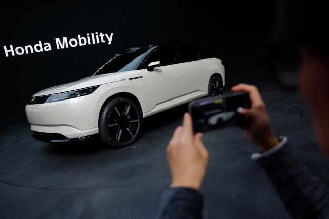 The Afeela Prototype 2026 is displayed during a Sony Honda Mobility news conference ahead of the annual Consumer Electronics Show in Las Vegas, Nevada, on January 5, 2026. (Photo by Caroline Brehman / AFP)