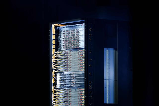 The AMD "Helios" AI rack is displayed during an AMD news conference ahead of the annual Consumer Electronics Show in Las Vegas, Nevada, on January 5, 2026. (Photo by Caroline Brehman / AFP)