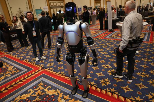 The Agibot A2 humanoid robot is demonstrated during Pepcom ahead of the annual Consumer Electronics Show (CES) in Las Vegas, Nevada on January 5, 2026. (Photo by Patrick T. Fallon / AFP)