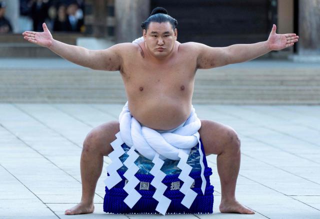 Mongolian-born Hoshoryu, who holds the highest rank of Yokozuna (grand champion) in sumo wrestling, performs the dedication ring-entering ceremony at Meiji Jingu Shrine in Tokyo on January 6, 2026.  (Photo by Kazuhiro NOGI / AFP)
