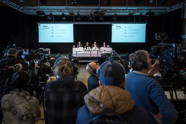 (From L) Members of the Crans-Montana city council François Berclaz, vice Mayor Nicole Bonvin Clivaz, Mayor Nicolas Feraud and Patrick Clivaz attend a press conference by the city council of the resort of Crans-Montana on January 6, 2026, following the devastating New Year bar blaze. (Photo by Fabrice COFFRINI / AFP)