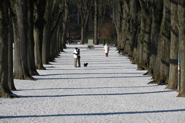 Pedestrians walk their dog in the snow-covered Parc du Cinquantenaire in Brussels, on January 6, 2026. (Photo by Nicolas TUCAT / AFP)