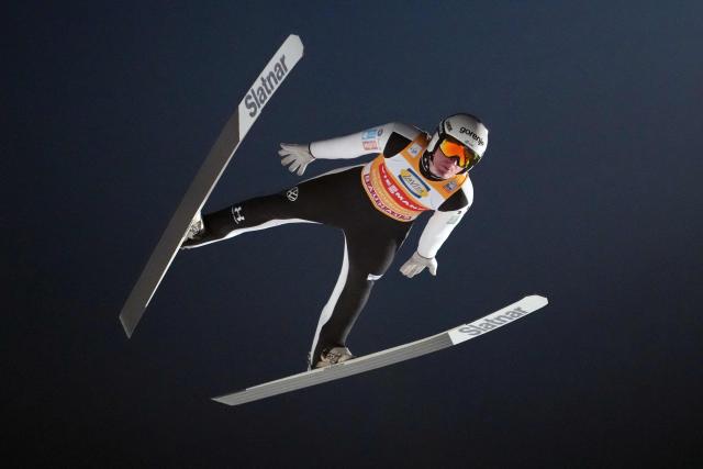 Slovenia's Domen Prevc soars through the air during the Men's Individual Large Hill HS142 event of the FIS Ski Jumping World Cup, the fourth and last leg of the Four Hills Tournament, in Bischofshofen, Austria on January 6, 2026. (Photo by GEORG HOCHMUTH / APA / AFP) / Austria OUT
