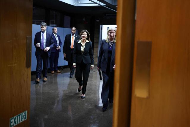 Commissioner Jessica Tisch (R) and Governor Kathy Hochul arrive to speak during a public safety-related announcement at the headquarters of the New York City Police Department (NYPD) in New York on January 6, 2026. (Photo by CHARLY TRIBALLEAU / AFP)