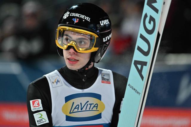 France's Valentin Foubert reacts after competing in the Men's Individual Large Hill HS142 event of the FIS Ski Jumping World Cup, the fourth and last leg of the Four Hills Tournament, in Bischofshofen, Austria on January 6, 2026. (Photo by KERSTIN JOENSSON / AFP)