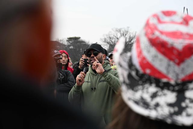 Former Proud Boy leader Enrique Tarrio speaks during a rally promoted by right-wing activists on the fifth anniversary of the January 6 riots in Washington, DC, on January 6, 2026. Washington on Tuesday marks five years since a mob overran the US Capitol, with rioters pardoned by Donald Trump retracing their steps even as Democrats revive hearings to hold the president accountable. The anniversary highlights a nation divided between irreconcilable accounts of an attack that reshaped American politics -- one supported by official findings of a violent bid to overturn an election, the other portraying it as a protest unjustly criminalized. (Photo by ROBERTO SCHMIDT / AFP)