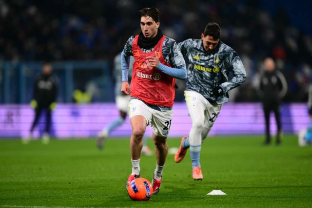 Juventus' Italian midfielder #21 Fabio Miretti warms up before the Italian Serie A football match between Sassuolo and Juventus at the Mapei - Città del Tricolore stadium in Reggio Emilia, on January 6, 2026. (Photo by Marco BERTORELLO / AFP)