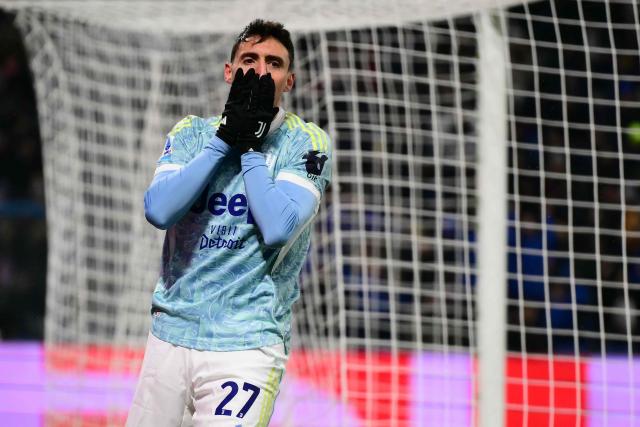 Juventus' Italian defender #27 Andrea Cambiaso reacts during the Italian Serie A football match between Sassuolo and Juventus at the Mapei - Città del Tricolore stadium in Reggio Emilia, on January 6, 2026. (Photo by Marco BERTORELLO / AFP)