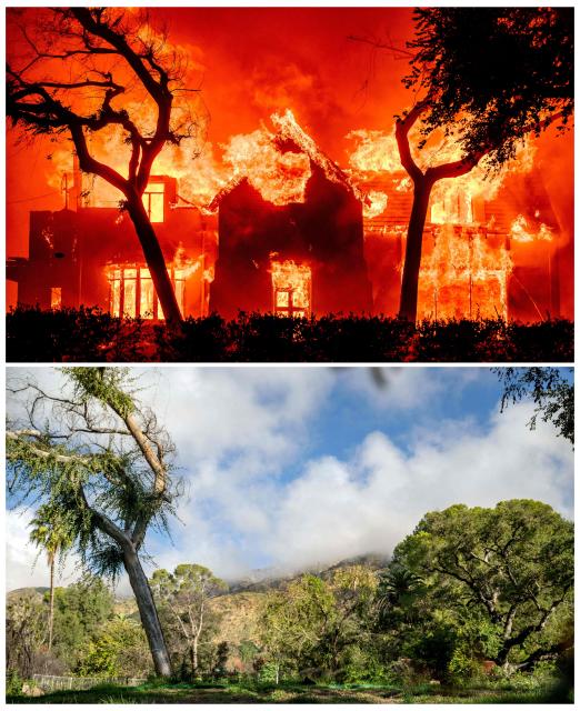 (COMBO) This combination of pictures created on January 5, 2026, (top) shows a home completely engulfed in flames during the Eaton fire in the Altadena area of Los Angeles County, California on January 8, 2025 and (bottom) shows the vacant property where a home burned during the Eaton fire nearly one year ago in Altadena, California on January 5, 2026. (Photo by JOSH EDELSON / AFP)