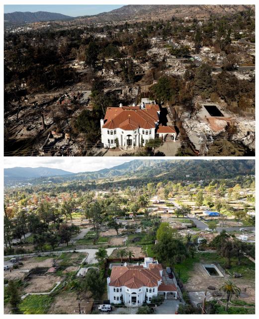 (COMBO) This combination of pictures created on January 5, 2026, (top) shows an aerial view of a single home surrounded by properties that burned during the Eaton fire in the Altadena area of Los Angeles county, California on January 21, 2025 and (bottom) shows an aerial view of a home that survived the Eaton fire nearly one year ago remaining among leveled properties in Altadena, California on January 5, 2026. (Photo by JOSH EDELSON / AFP)