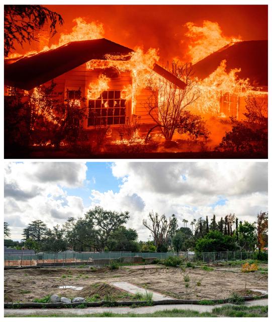 (COMBO) This combination of pictures created on January 5, 2026, (top) shows a home burning during the Eaton fire in the Altadena area of Los Angeles County, California on January 8, 2025 and (bottom) shows the vacant lot where a home burned during the Eaton fire nearly one year ago in Altadena, California on January 5, 2026. (Photo by JOSH EDELSON / AFP)