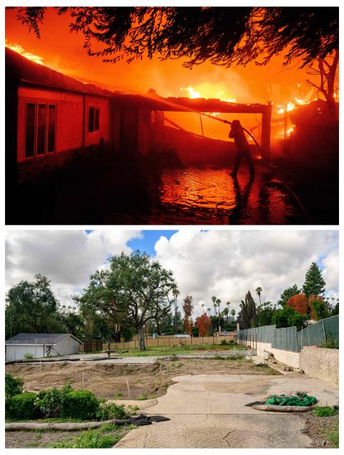 (COMBO) This combination of pictures created on January 5, 2026, (top) shows a volunteer firefighter attempting to control flames as a home is completely engulfed during the Eaton fire in the Altadena area of Los Angeles County, California on January 8, 2025 and (bottom) shows the vacant lot where a home burned during the Eaton fire nearly one year ago in Altadena, California on January 5, 2026. (Photo by JOSH EDELSON / AFP)