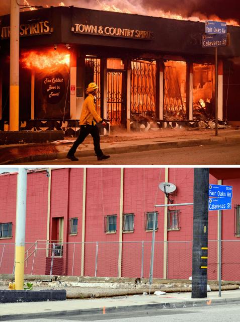 (COMBO) This combination of pictures created on January 5, 2026, (top) shows a firefighter walking by a burning liquor store during the Eaton fire in the Altadena area of Los Angeles County, California on January 8, 2025 and (bottom) shows the vacant lot where a liquor store burned during the Eaton fire nearly one year ago in Altadena, California on January 5, 2026. (Photo by JOSH EDELSON / AFP)