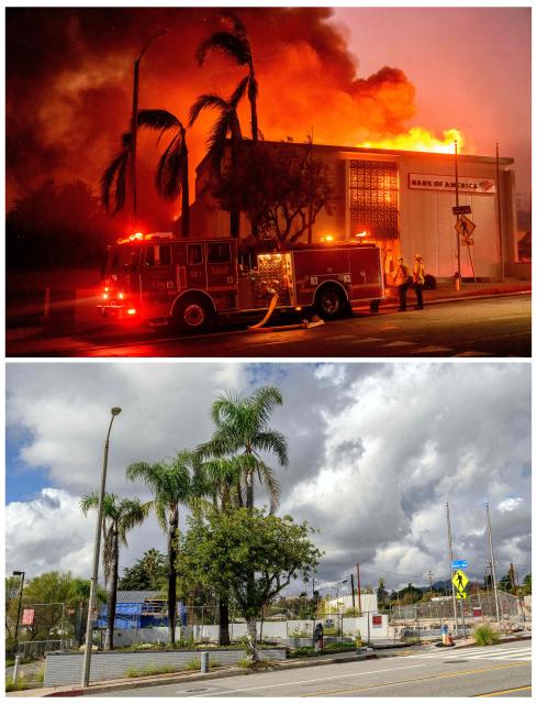 (COMBO) This combination of pictures created on January 5, 2026, (top) shows firefighters attempting to extinguish a Bank of America as it burns during the Eaton fire in the Altadena area of Los Angeles County, California on January 8, 2025 and (bottom) shows the vacant lot where a Bank of America burned during the Eaton fire nearly one year ago in Altadena, California on January 5, 2026. (Photo by JOSH EDELSON / AFP)