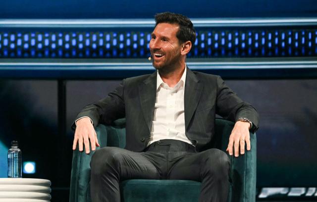 (FILES) Argentine soccer player Lionel Messi speaks at the American Business Forum at the Kaseya Center in Miami on November 5, 2025. Messi said he would like to own a club when he retires, in an interview published by an Argentine streaming channelon January 6, in which he also gave details about his family life, his personality, and even his drinking preferences. (Photo by Chandan Khanna / AFP)