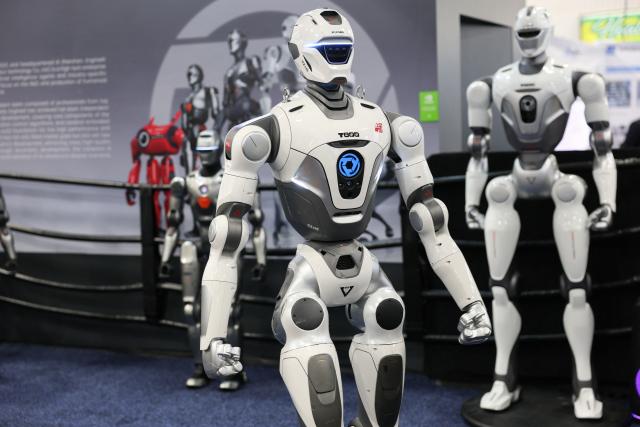 The EngineAI T800 humanoid robot is demonstrated during the annual Consumer Electronics Show (CES) in Las Vegas, Nevada on January 6, 2026. (Photo by Patrick T. Fallon / AFP)