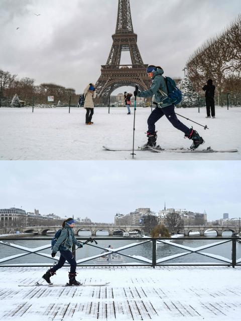 (COMBO) This combination of pictures created on January 07, 2026 shows
A skier past the Eiffel Tower at the Champ de Mars covered in snow, following snowfalls in Paris, on January 7, 2026, and the same skier on the Pont des Arts after heavy snow falls, in Paris on January 7, 2026.. All buses in Paris and the surrounding region gradually stopped running at around 7am due to renewed snowfall in the area and returned to their depots, according to announcements by Ile-de-France Mobilitйs (IDFM) and RATP. Snow and ice are affecting northern and western France, a phenomenon of “rare magnitude in the current climate” according to Meteo-France, which is expected to cause significant restrictions on roads and air transport.
Snow and ice are affecting northern and western France, a phenomenon of “rare magnitude in the current climate” according to Meteo-France, which is expected to cause significant restrictions on roads and air transport. (Photo by Ludovic MARIN and Bertrand GUAY / AFP)