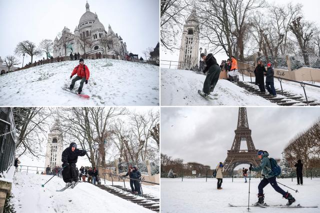 (COMBO) This combination of pictures created on January 7, 2026 shows skiers performing in Montmartre and in front of the Eiffel Tower following snowfalls in Paris, on January 7, 2026. Snow and ice are affecting northern and western France, a phenomenon of “rare magnitude in the current climate” according to Meteo-France, which is expected to cause significant restrictions on roads and air transport. (Photo by AFP)